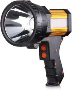 A sleek and durable black portable spotlight with a powerful beam, designed for nighttime use during camping, hiking, or emergency situations. Perfect for enhancing outdoor visibility.