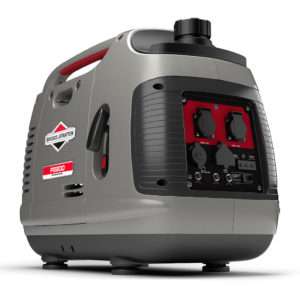 A compact gray portable propane generator with a ribbed, textured casing and red-accented handles, positioned outdoors. The rear panel features two AC electrical outlets for versatile power options, while the front showcases a branded logo and control settings.