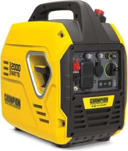 A bright yellow Champion portable propane generator with a sturdy black metal frame, placed on a concrete surface outdoors. The front panel features a digital display showing "3500W," multiple labeled power outlets, and a clear Champion logo. Designed for emergency backup, camping, and remote job sites, delivering fuel-efficient and clean energy.