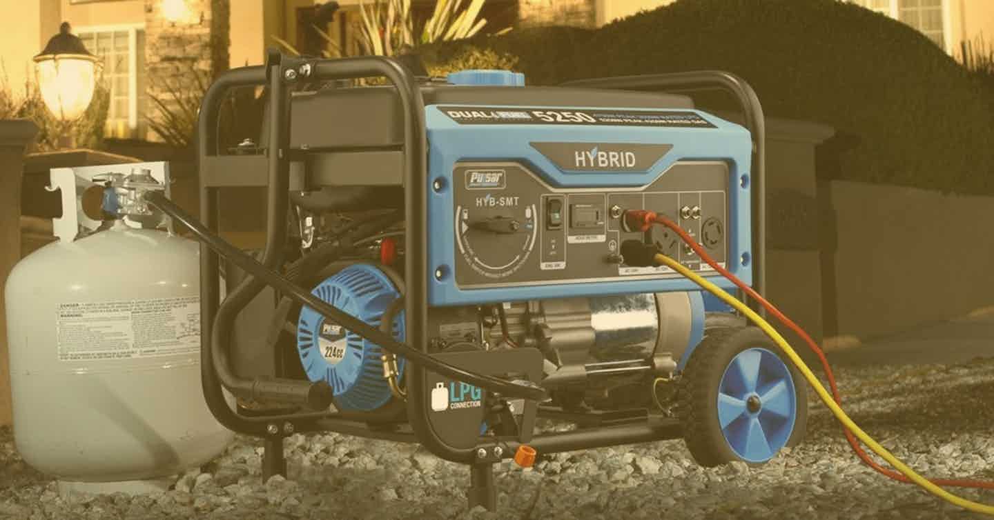 A rugged portable propane generator with a sturdy black frame and an efficient engine. Designed for outdoor use, it provides dependable backup power for camping, emergencies, and remote work sites.