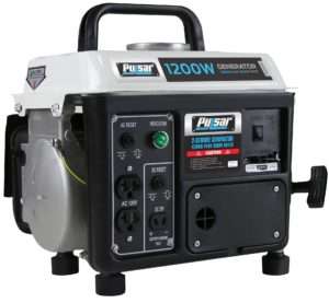 A compact white and black Pulsar 1200W portable generator with a black handle and kickstand, placed on a clean white background. The front panel features a built-in recoil starter, a fuel tank holding 1.2 gallons, and various outlets, including a 120V AC, 12V DC, and USB port. Equipped with overload protection and automatic shutdown, this generator is ideal for powering small appliances and electronics during emergencies.