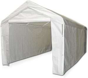 A white portable garage tent with an open front and durable frame, showcasing a spacious interior perfect for protecting cars, equipment, or outdoor furniture from weather elements.