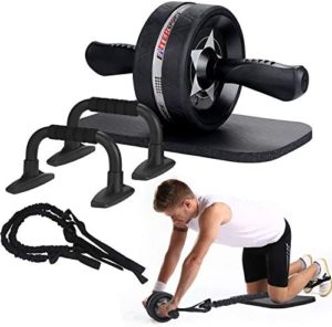 A set of fitness equipment including an ab roller, push-up bars, resistance bands, and a knee pad. A person is demonstrating the use of the ab roller.