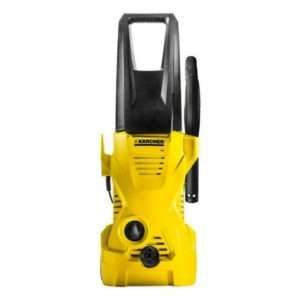 A yellow and black portable pressure washer with a compact design, featuring a hose and spray gun. Ideal for tackling cleaning tasks like cars, patios, and outdoor furniture efficiently.