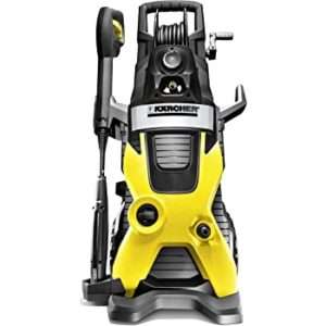 A high-performing yellow and black Kärcher portable pressure washer equipped with a hose reel and various attachments, designed for tackling tough outdoor cleaning tasks with efficiency and durability.