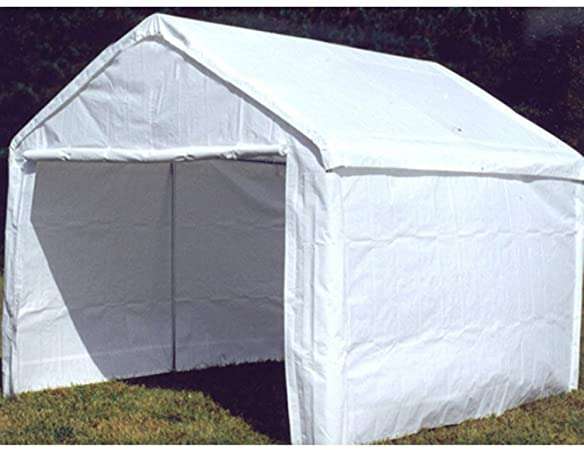 A sturdy white portable garage tent with a spacious design and robust frame. Perfect for protecting cars, equipment, or hosting outdoor activities in various weather conditions.