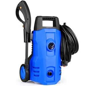 A sleek blue and black portable pressure washer with an ergonomic spray gun and hose attachment, delivering powerful cleaning performance for cars, patios, and outdoor surfaces.