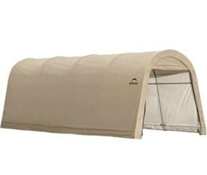 A beige portable garage tent with a curved roof and open front, providing shelter for vehicles and equipment. Ideal for protection against rain, sun, and other weather conditions.