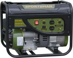 A rugged olive green and black Sportsman GEM7000 portable propane generator with a sturdy frame, designed for emergency backup and recreational use. Its control panel features multiple outlets and switches, offering versatile power solutions.