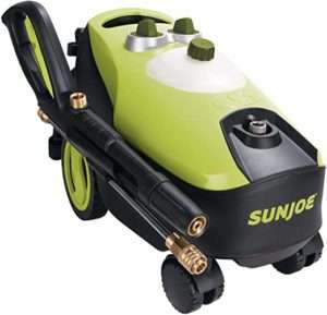 A green and black Sun Joe portable pressure washer with sturdy wheels and hose attachments, designed for efficient outdoor cleaning. The device showcases a sleek and functional design.