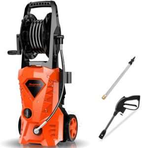 A sleek orange and black portable pressure washer with a hose reel and spray gun attachment. Featuring compact design and powerful performance for cleaning patios, cars, and outdoor surfaces.