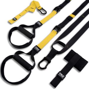 A set of TRX suspension training straps used for bodyweight exercises and strength training. The set includes adjustable straps with handles, foot cradles, and carabiners for anchoring.