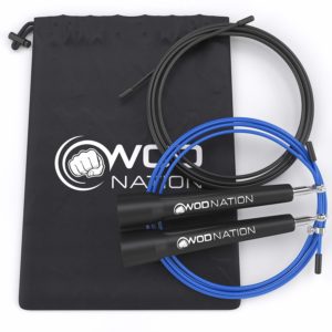 A jump rope set from WOD Nation, featuring two jump ropes (one black and one blue) with black handles, and a black carrying bag with the WOD Nation logo.