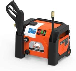 An orange and black portable pressure washer featuring a hose and spray gun attachment, with a powerful 1600 PSI rating for efficient cleaning of outdoor surfaces and vehicles.