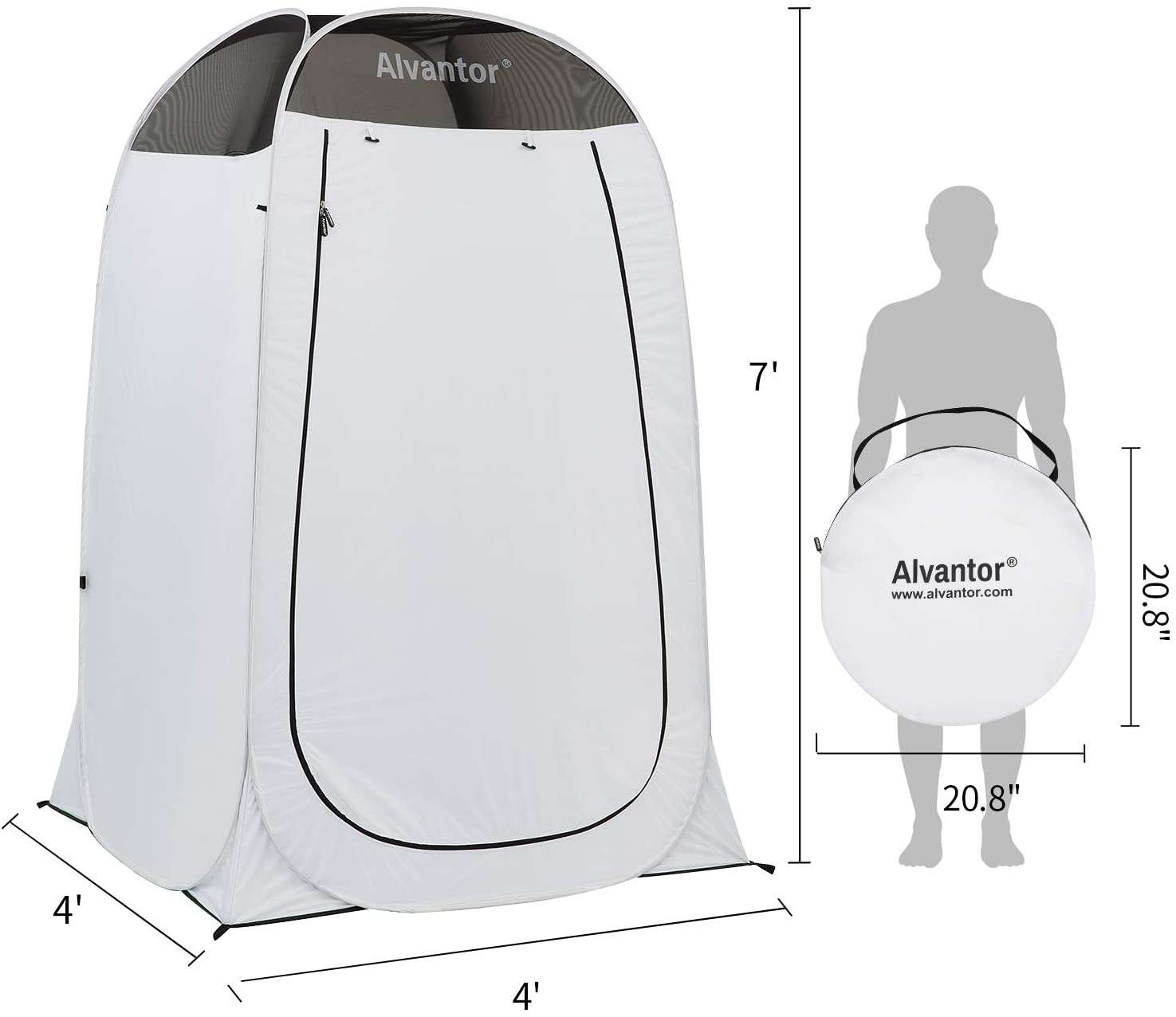A white portable changing room tent by Alvantor, measuring 7 feet tall and 4 feet wide, with black trim and a zippered entrance. It comes with a carrying bag that folds down to 20.8 inches for easy portability.