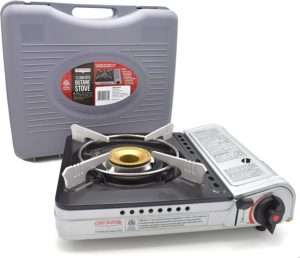 A compact and sturdy portable butane stove with a silver finish and ergonomic control knob. Ideal for outdoor use, offering reliable performance for camping and emergency cooking.