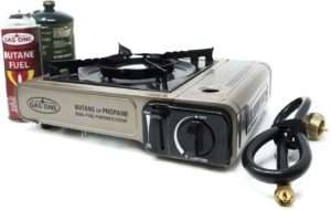 A lightweight and sturdy portable butane stove with a single burner, perfect for outdoor cooking during camping trips, picnics, or emergencies. Designed for quick and efficient meal preparation.