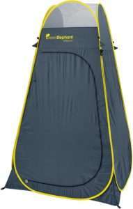 A compact portable changing room with dark grey fabric and yellow trim, designed for easy setup and privacy in outdoor environments, such as camping or beach outings.