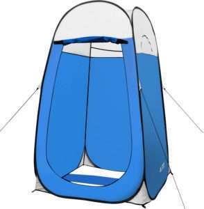 A blue and white portable changing room tent with a pop-up design, featuring a zippered door and side panels for enhanced privacy, ideal for outdoor events or beach activities.