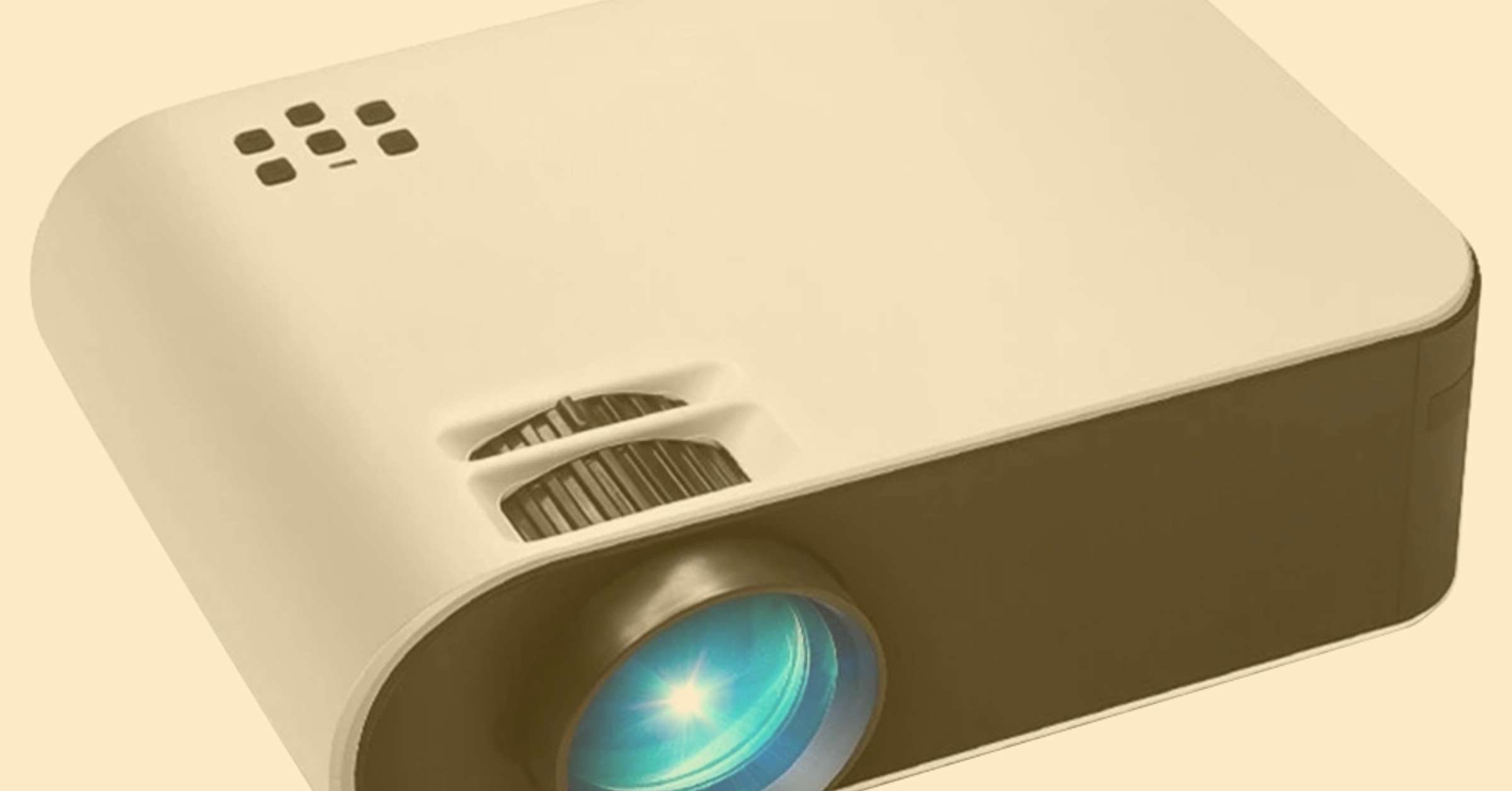A sleek, compact portable business projector with a white top and black bottom. The projector features a lens emitting a blue light, a focus adjustment wheel, and ventilation holes on the top surface. Ideal for business presentations and meetings.
