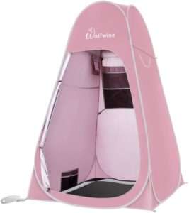 A vibrant pink portable changing room by Wolfwise with a zippered entrance and a mesh window for ventilation. Designed for privacy and convenience, it offers a lightweight and foldable structure ideal for outdoor activities.
