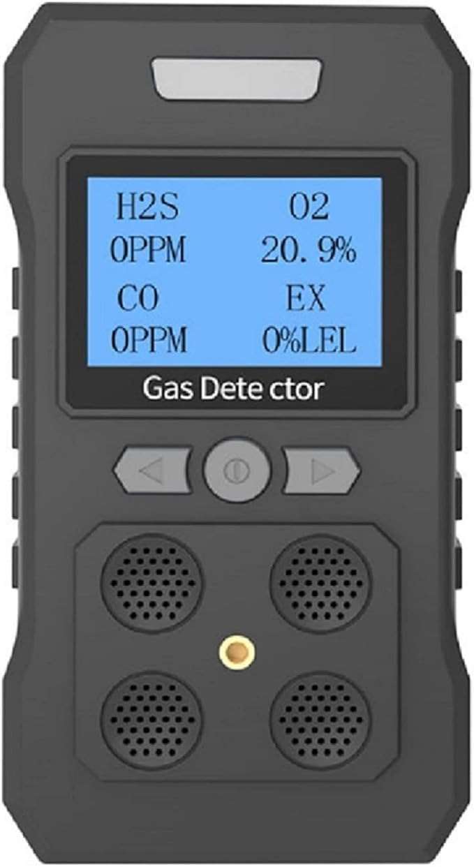 A compact portable gas detector with a digital screen showing gas levels for H2S, CO, O2, and EX. The device features four sensor openings for precise detection in various environments.