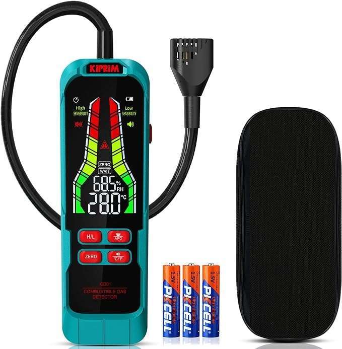 A compact portable gas detector with a flexible probe, digital display showing precise readings, and a lightweight carrying case. Ideal for detecting hazardous gases in various environments.