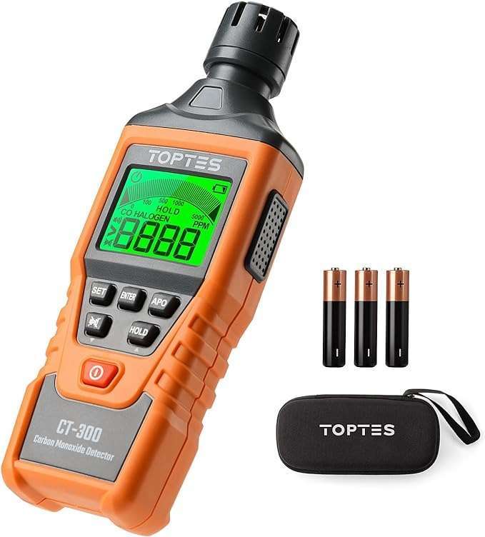 TOPTES CT-300 portable gas detector with a digital display, rugged design, and accessories for accurate gas leak detection.
