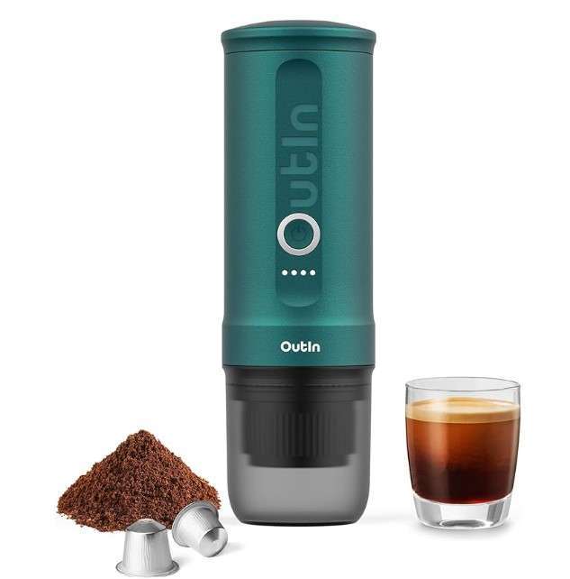 A teal OutIn portable espresso maker with ground coffee, coffee pods, and a glass of espresso, showcasing its sleek design and convenience for coffee lovers on the go.