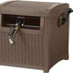 A brown, plastic hose reel box with a wicker-like pattern. It has a crank handle on the side for winding the hose and an opening in the front where the hose can be pulled out. Ideal for organizing and storing garden hoses neatly.