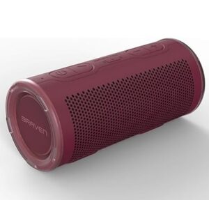 A maroon cylindrical portable Bluetooth speaker with a perforated grille covering most of its body. The top surface features control buttons for power, volume up, volume down, and Bluetooth pairing. The brand name 