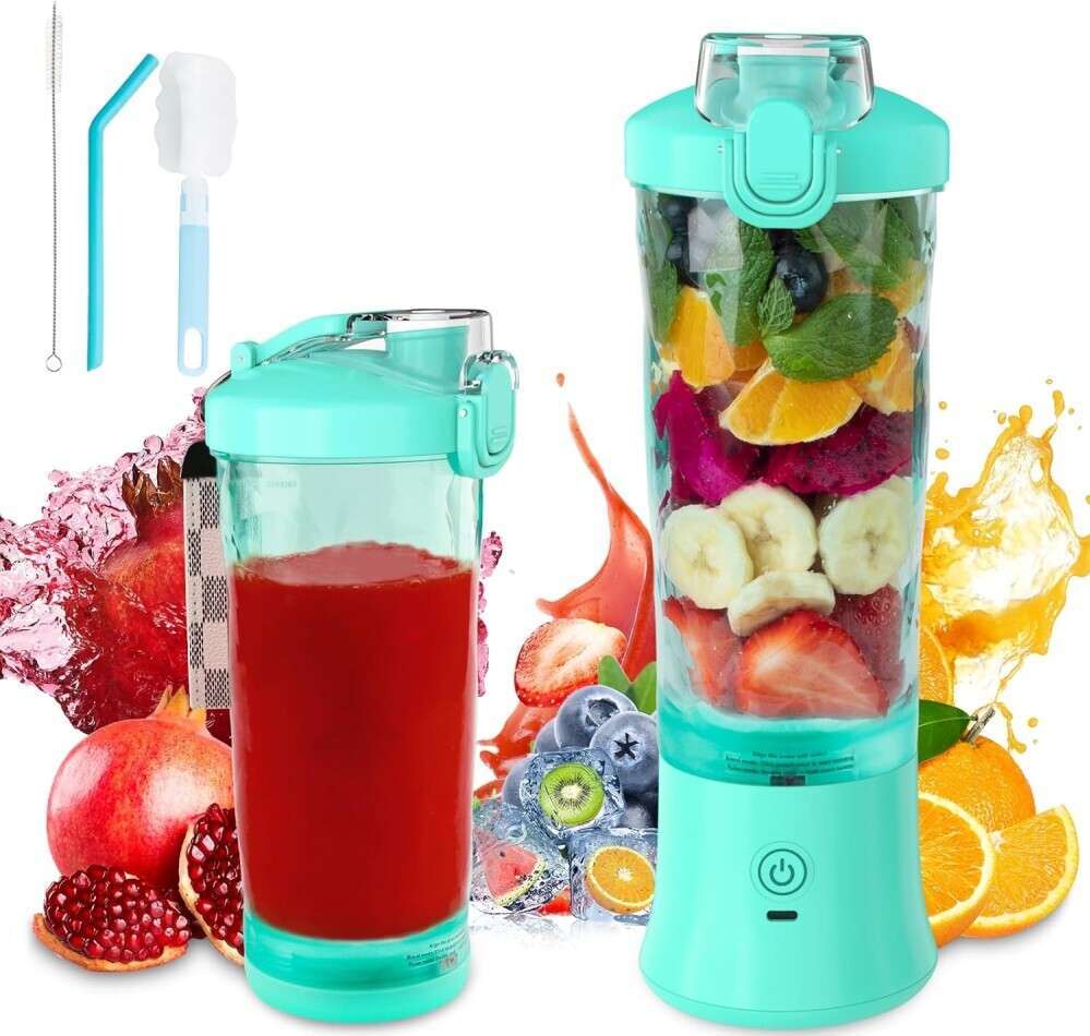 A turquoise portable blender filled with various fruits like bananas, strawberries, oranges, and blueberries, next to a cup with a red smoothie. Juice splashes and fruit images are in the background, along with cleaning accessories in the top left.