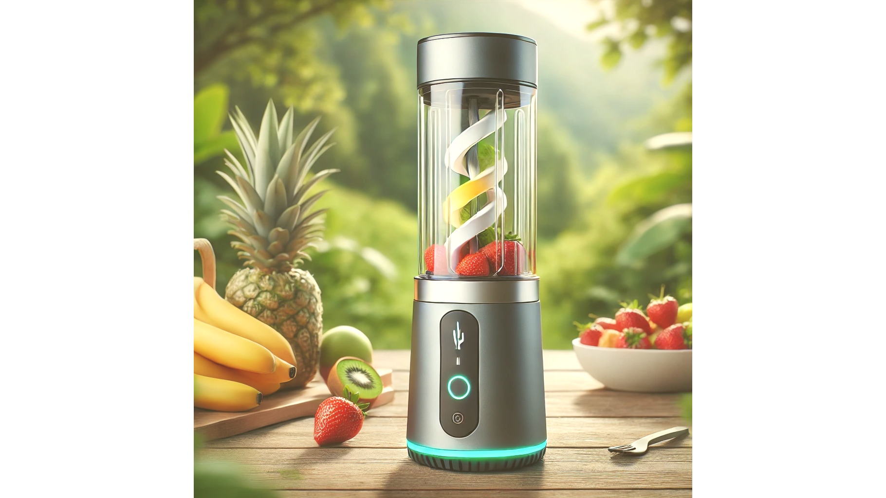 A portable blender on a wooden table, surrounded by fruits including pineapple, bananas, kiwi, and strawberries. The blender is filled with a mix of fruit slices and has a USB charging port and an illuminated power button. The background shows a lush, green natural setting, suggesting it's suitable for outdoor use.