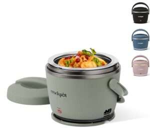 Image of a compact Crockpot portable food warmer with a green exterior, filled with a colorful dish. Three additional color options are shown: black, blue, and pink.