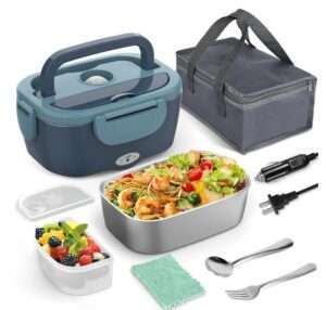 A set of portable food warmers including a blue electric lunch box, a grey insulated bag, a stainless steel container with food, a fruit container, a cleaning cloth, a spoon, a fork, and power cables.