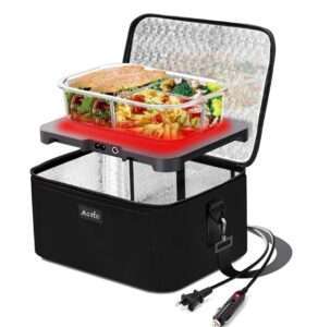 Portable food warmers with a black insulated bag, heating tray, and a glass container filled with food. Includes power cords for car and wall outlets.