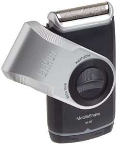 Braun MobileShave M-90 Portable Electric Razor with a silver and black design, featuring a washable head and auto-lock function.