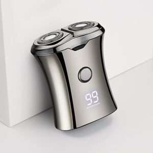 A modern, sleek portable electric razor with dual rotary blades and a digital display showing 