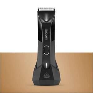 A sleek portable electric razor with a central power button and a water-resistant symbol at the base. This razor is designed for convenient on-the-go grooming.