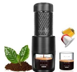 Staresso portable espresso maker with coffee beans, ground coffee, and capsules, showcasing its versatility and convenience for coffee enthusiasts on the go.