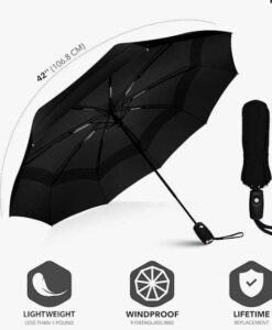 A black portable umbrella with a 42-inch canopy and 9 fiberglass ribs, offering windproof durability. Comes with a compact, foldable design and includes a lifetime replacement guarantee for long-lasting use.